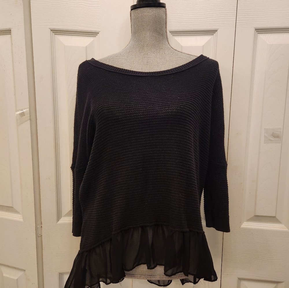 American Eagle Outfitters Black Knit Sweater with Sheer Hem